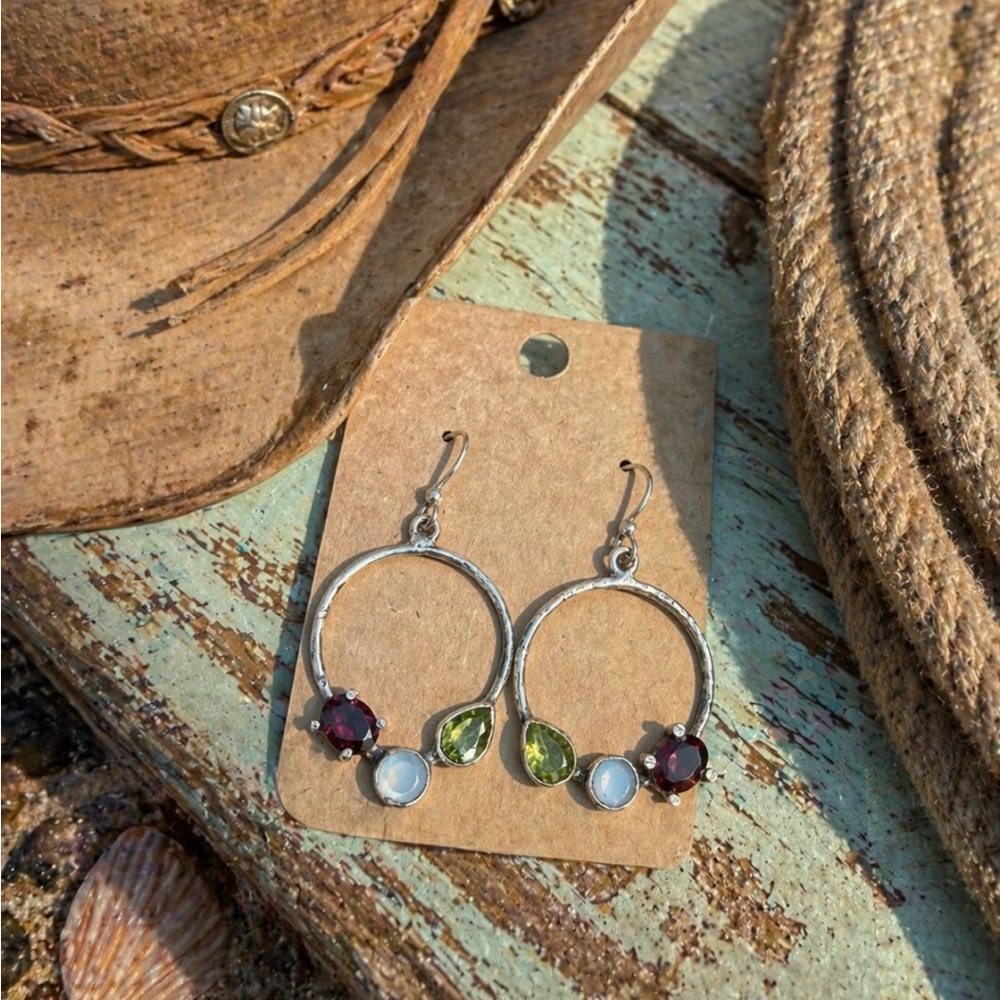Handcrafted Silver Hoop Earrings with Garnet, Peridot & Moonstone